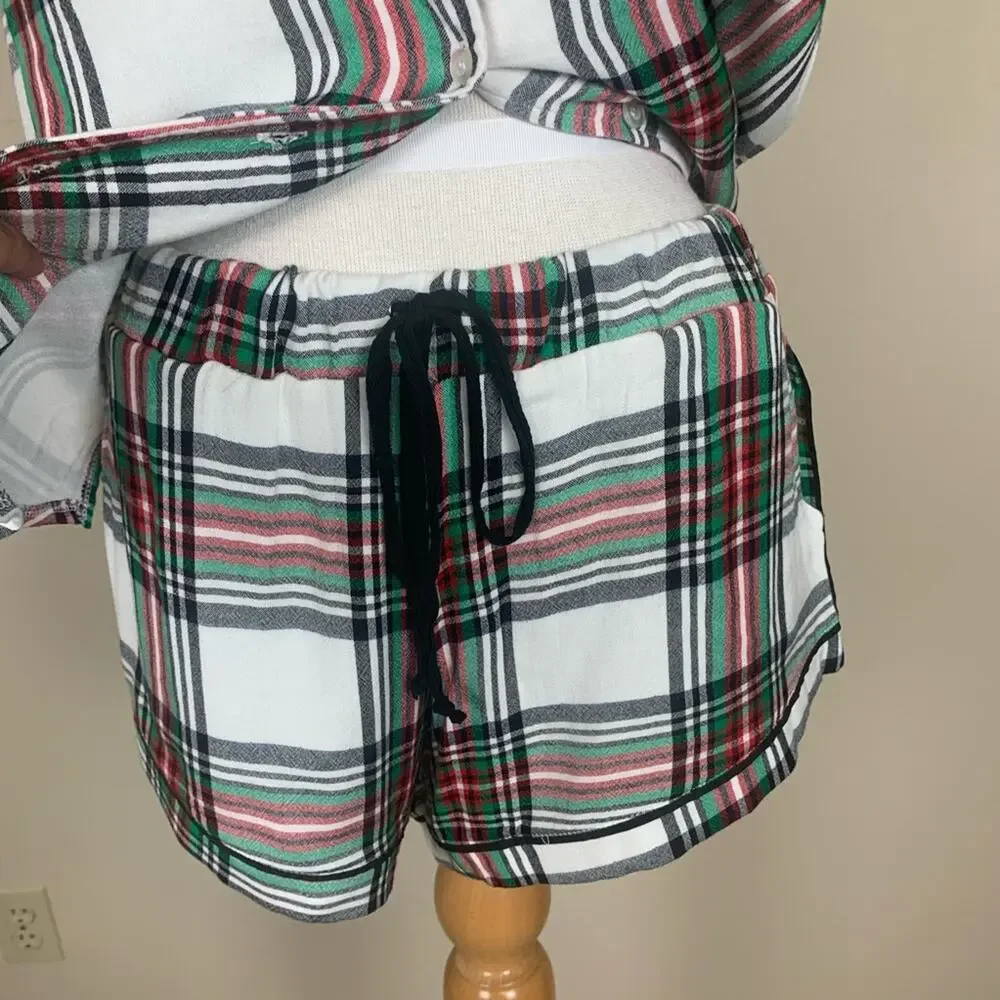 Plush Plaid Pajama Set White and Red Size Small